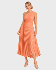 Vestido Midi Assimétrico Naia para Mulher – Plissado Elegante & Cintura Marcada