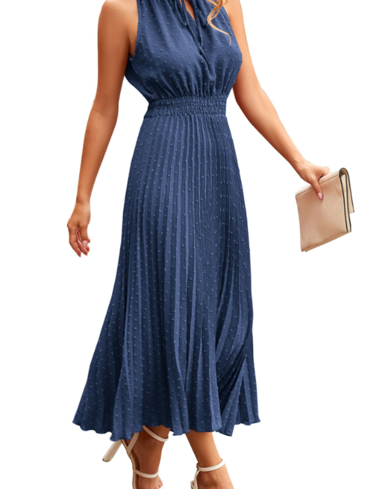 Vina Women's Dress – Midi Dress with V-Neck, Swiss Dot, Ruffles, Sleeveless, High Waist, Summer