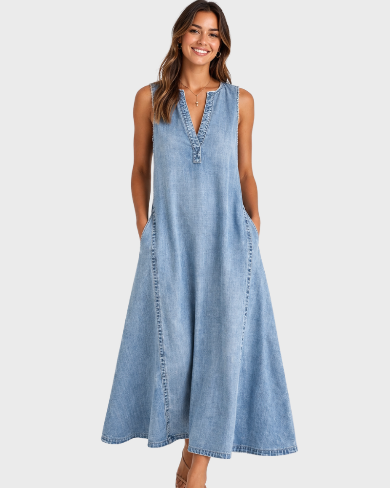 Vestido Rochelle Sem Mangas Mulher – Denim Leve, Decote em V & Corte Evasé Verão