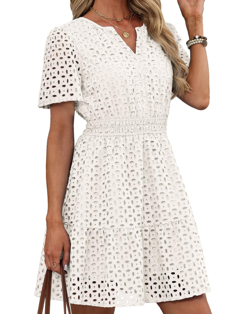 Hedwig kjole til kvinder – V-udskæring med broderet blonder, korte ærmer & mini-snit med høj talje til sommer