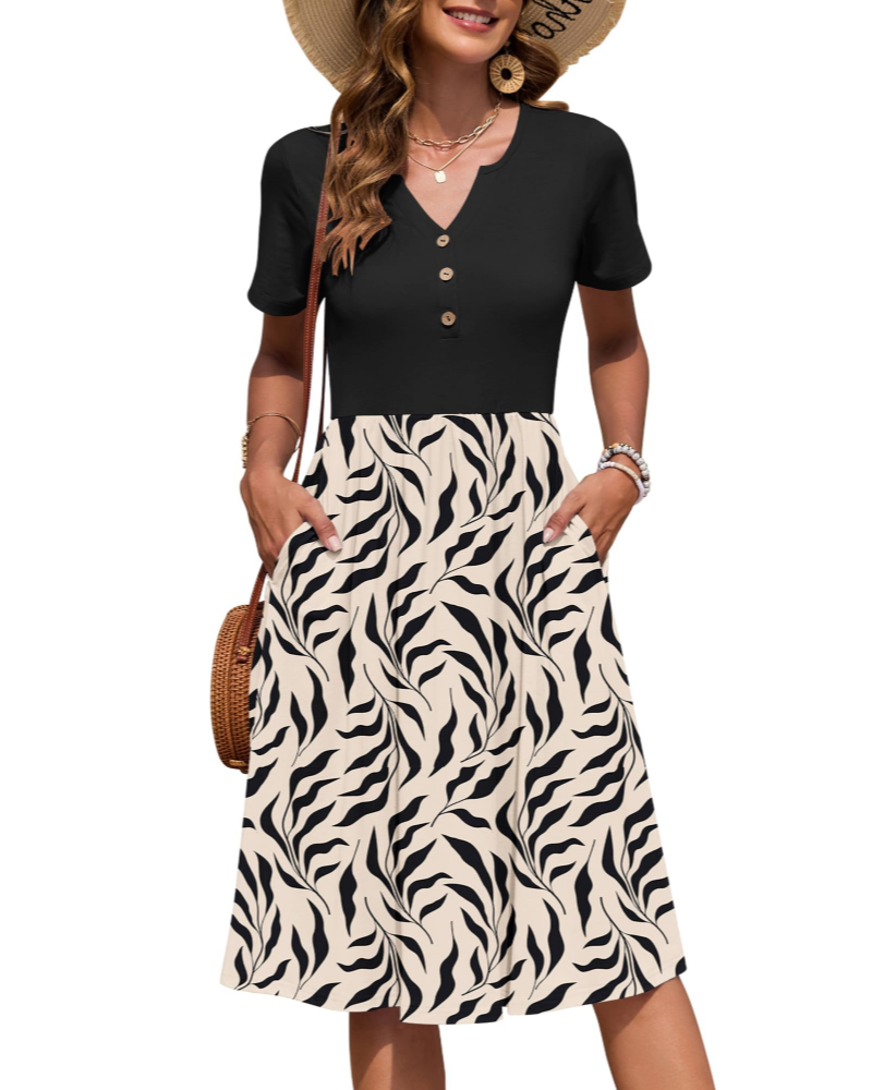 Maëvora Vestido de Mulher Comprido até ao Joelho – Vestido com Decote em V, Cintura Império e Bolsos