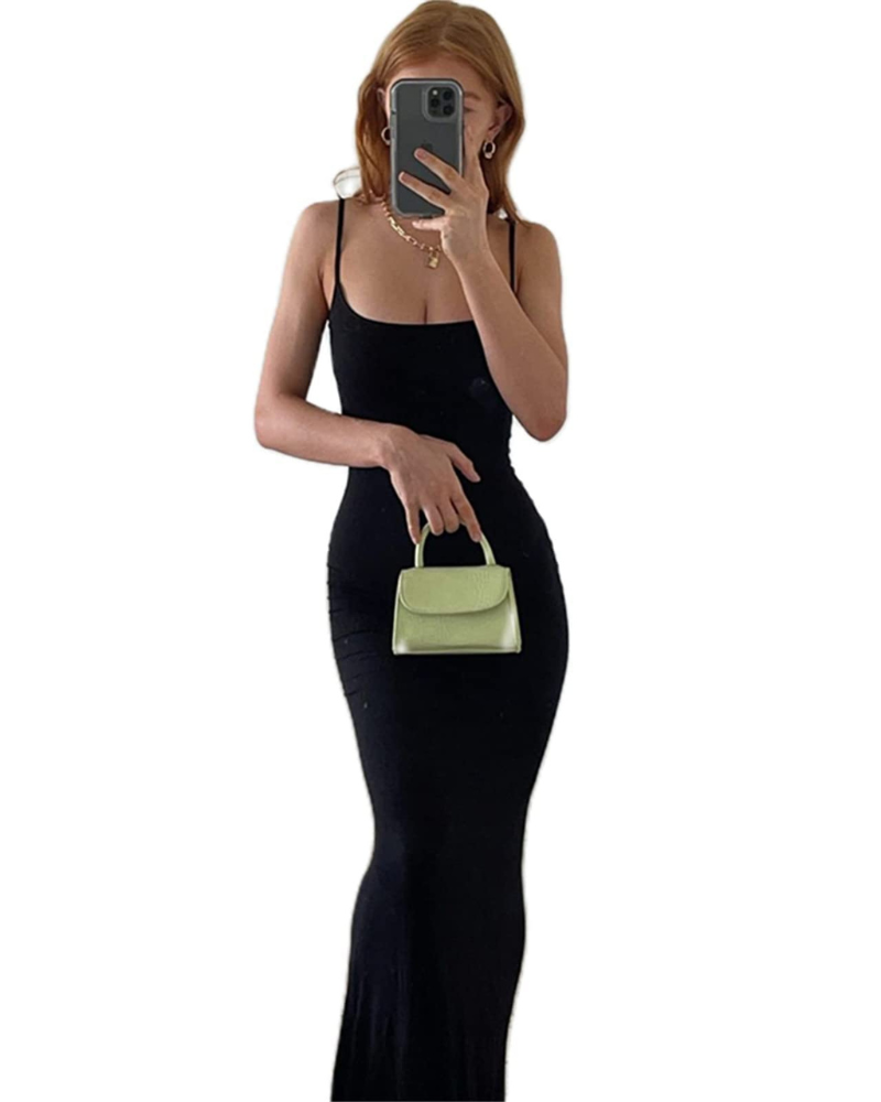 Aled Robe Femme – Bodycon maxi šaty s výstřihem do V a tenkými ramínky, elegantní přiléhavý střih na večer