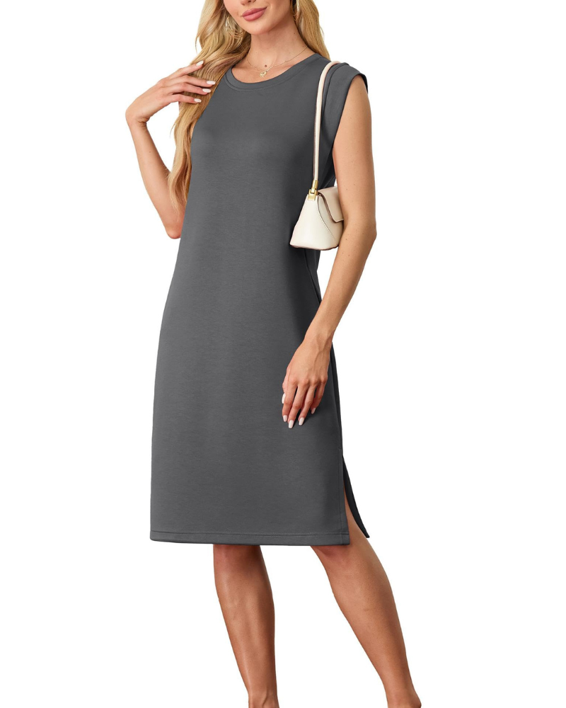 Wensy Women's Dress – Sleeveless Round Neck, Midi Cut with Slit & Elegant Pockets