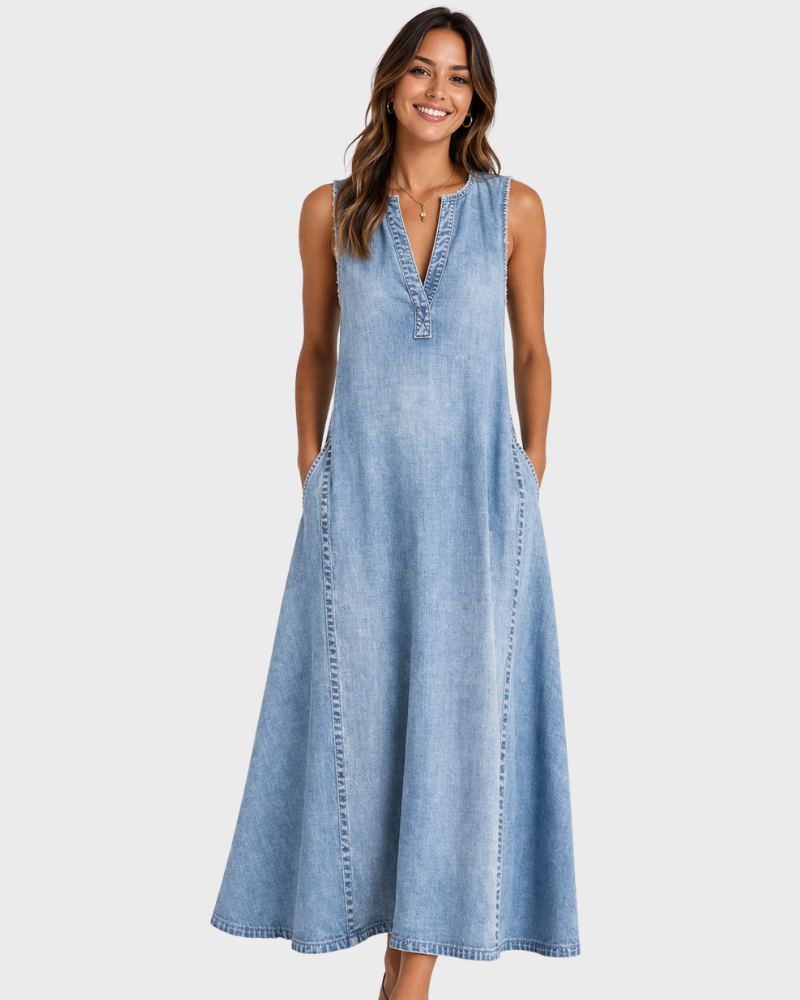 Vestido Rochelle Sem Mangas Mulher – Denim Leve, Decote em V & Corte Evasé Verão