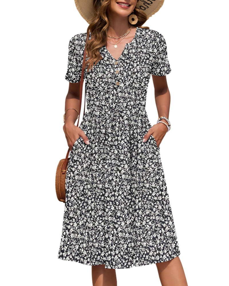 Maëvora Vestido de Mulher Comprido até ao Joelho – Vestido com Decote em V, Cintura Império e Bolsos