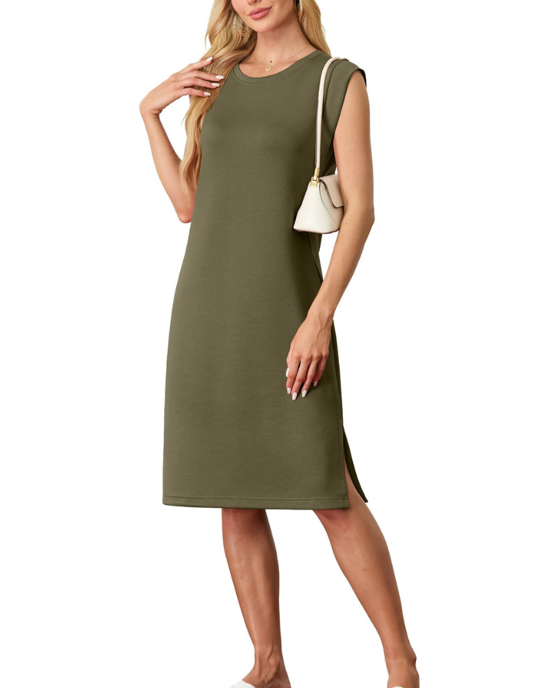 Wensy Women's Dress – Sleeveless Round Neck, Midi Cut with Slit & Elegant Pockets