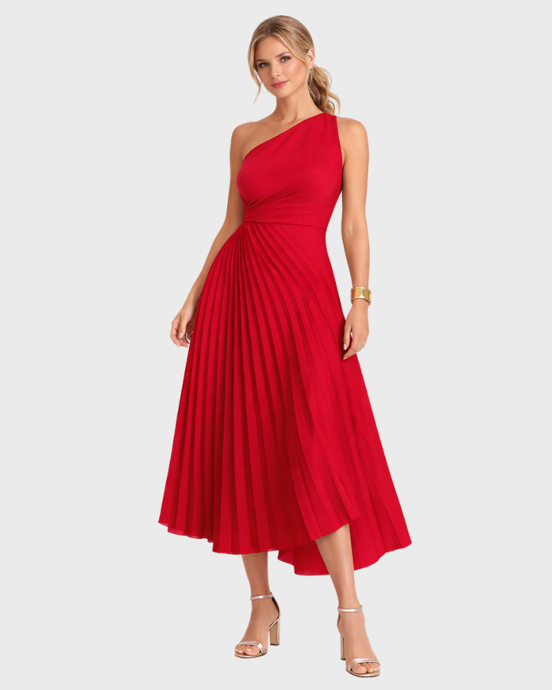 Vestido Midi Assimétrico Naia para Mulher – Plissado Elegante & Cintura Marcada