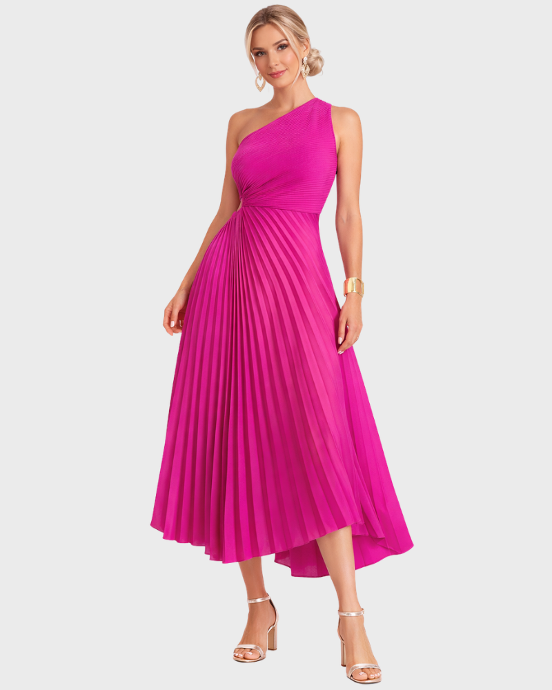 Vestido Midi Assimétrico Naia para Mulher – Plissado Elegante & Cintura Marcada