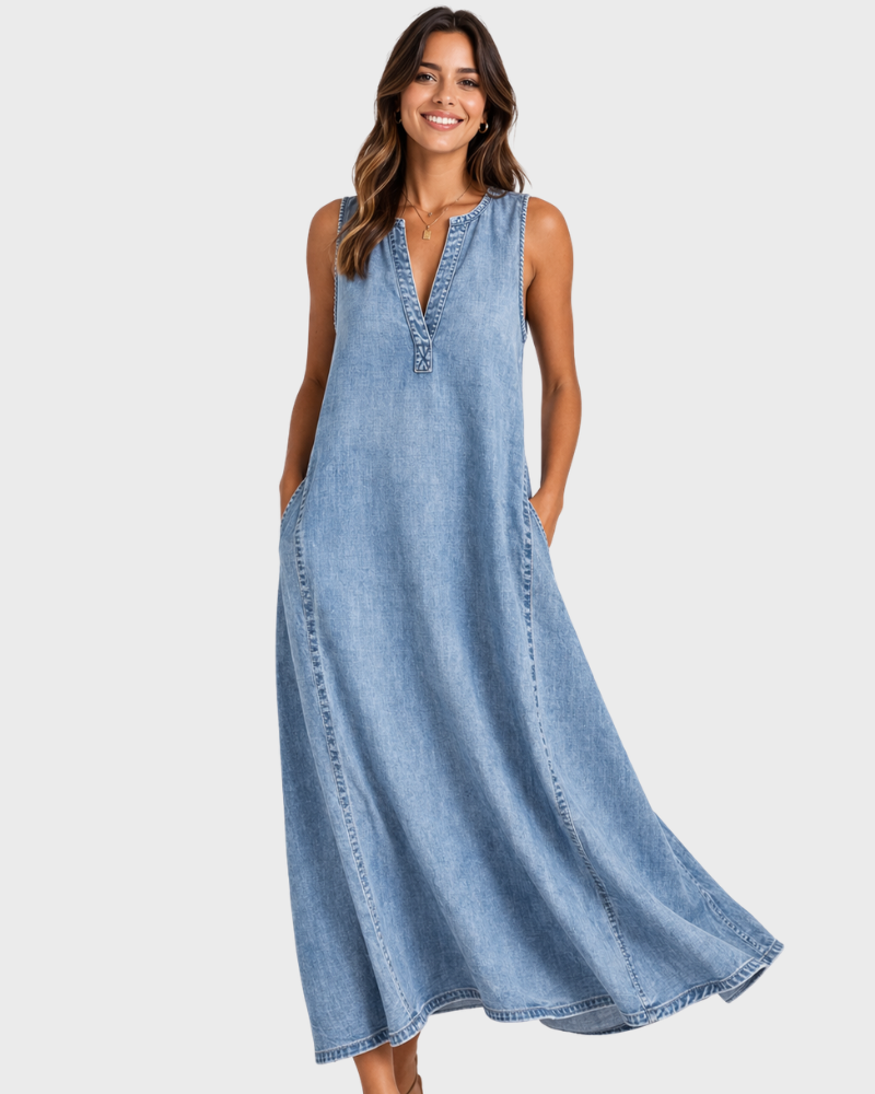 Vestido Rochelle Sem Mangas Mulher – Denim Leve, Decote em V & Corte Evasé Verão