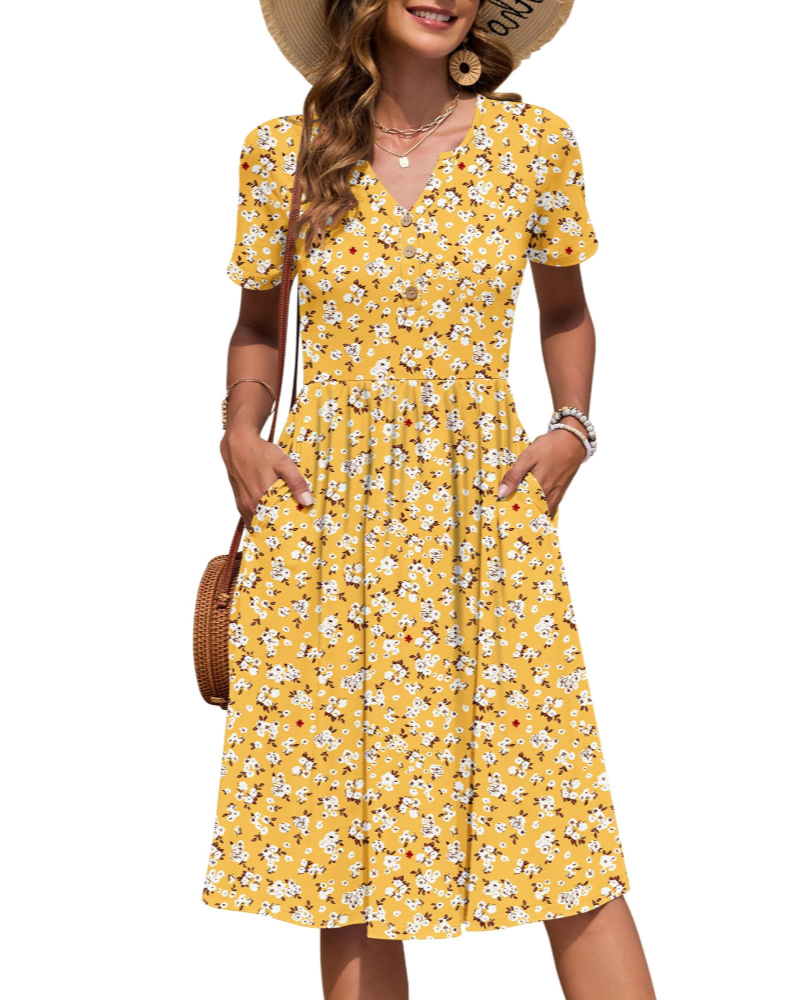 Maëvora Vestido de Mulher Comprido até ao Joelho – Vestido com Decote em V, Cintura Império e Bolsos