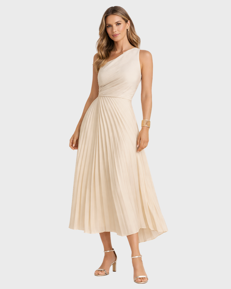Vestido Midi Assimétrico Naia para Mulher – Plissado Elegante & Cintura Marcada