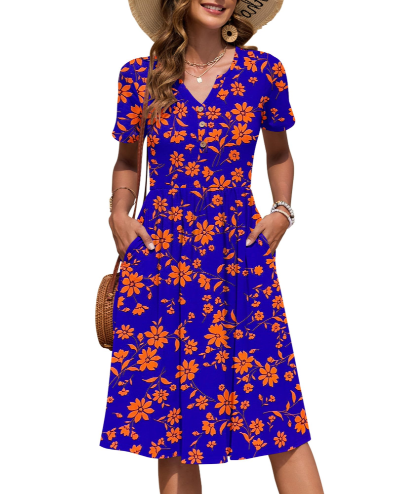 Maëvora Vestido de Mulher Comprido até ao Joelho – Vestido com Decote em V, Cintura Império e Bolsos