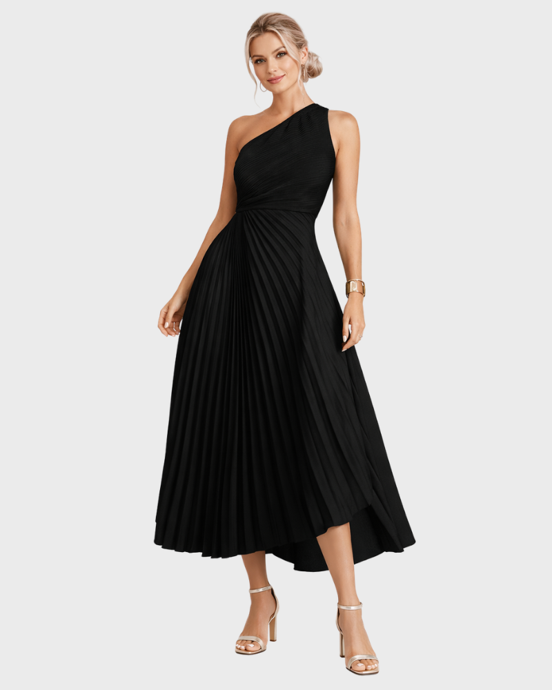 Vestido Midi Assimétrico Naia para Mulher – Plissado Elegante & Cintura Marcada