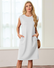 Wensy Women's Dress – Sleeveless Round Neck, Midi Cut with Slit & Elegant Pockets