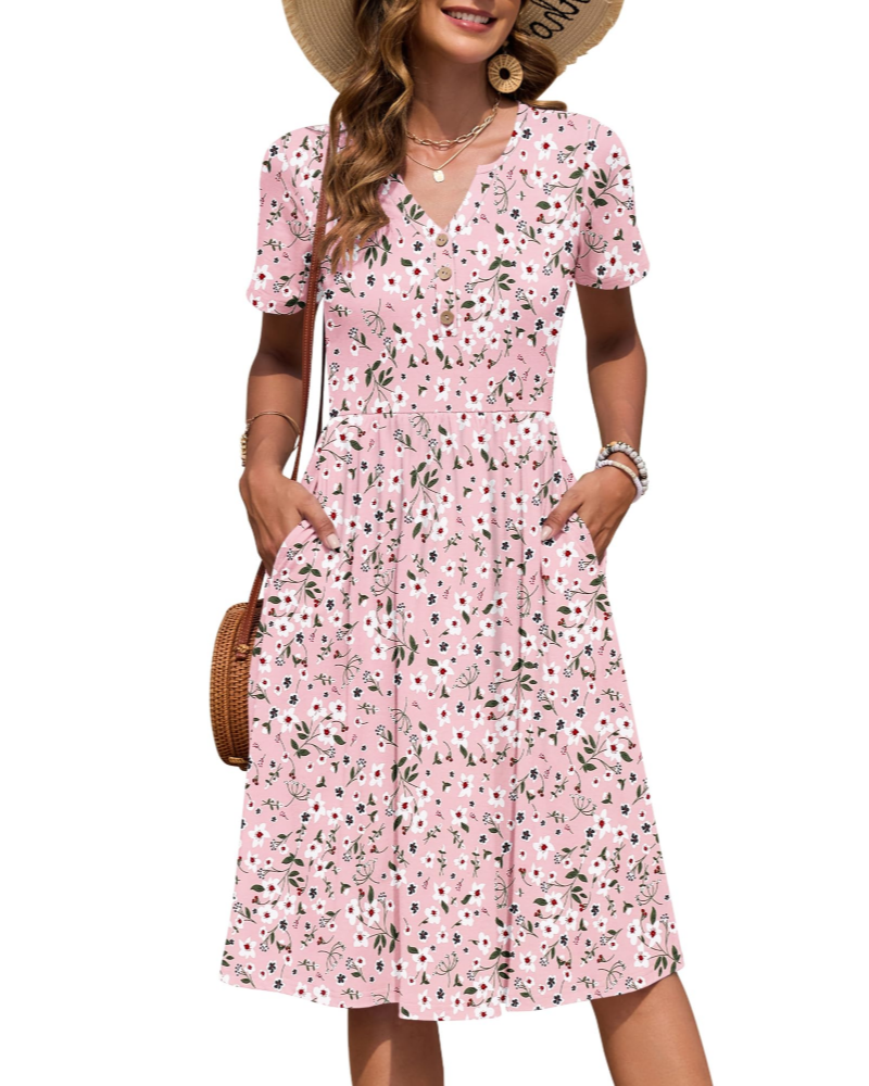 Maëvora Vestido de Mulher Comprido até ao Joelho – Vestido com Decote em V, Cintura Império e Bolsos