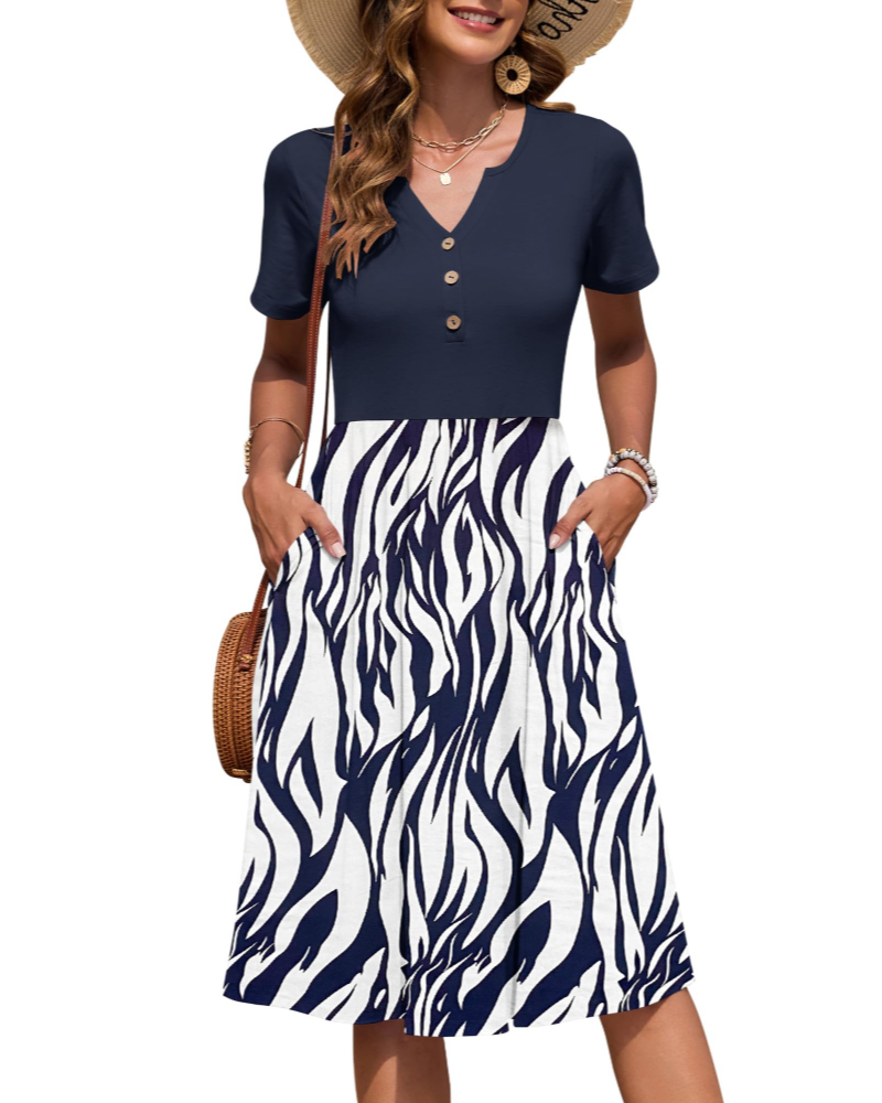 Maëvora Vestido de Mulher Comprido até ao Joelho – Vestido com Decote em V, Cintura Império e Bolsos