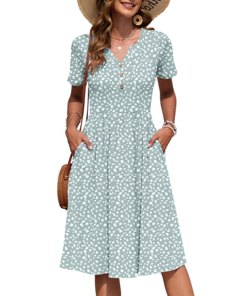 Maëvora Vestido de Mulher Comprido até ao Joelho – Vestido com Decote em V, Cintura Império e Bolsos