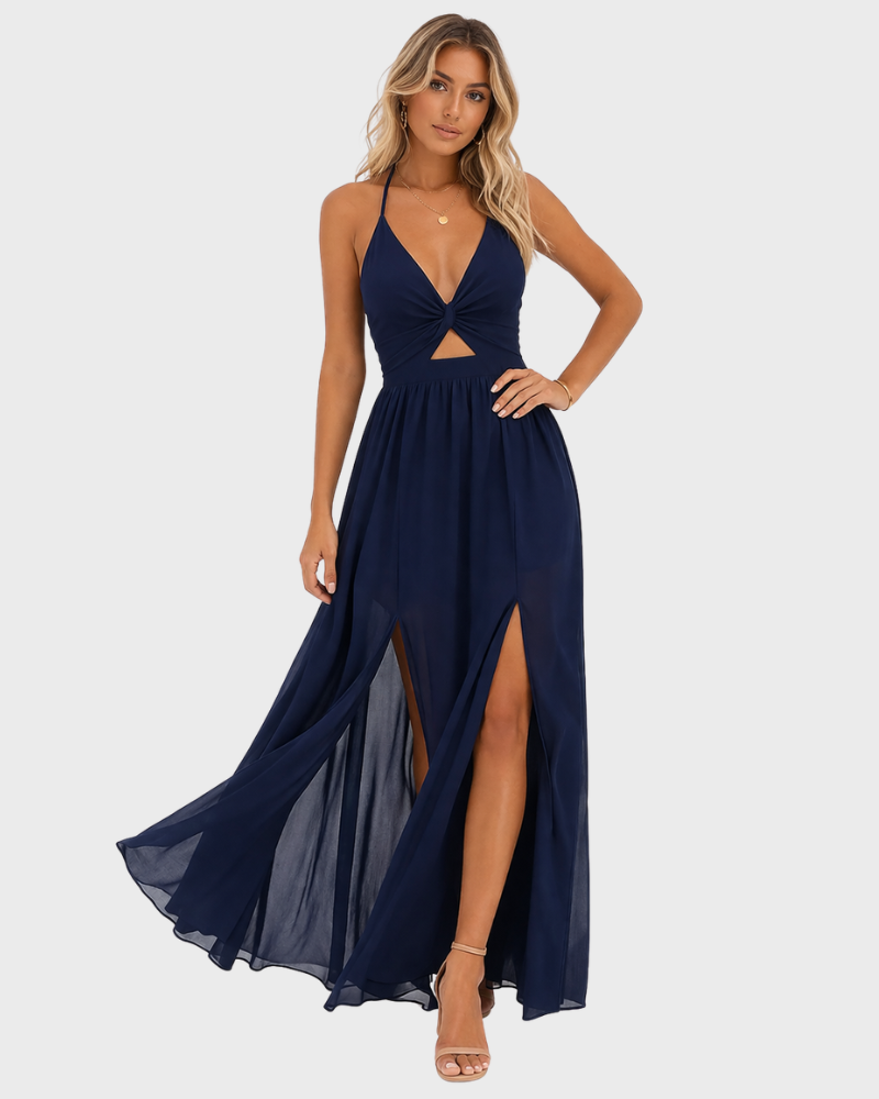 Bata Princesa Larga para Mujer – Cuello Halter, Aberturas Altas y Corte Fluido Elegante