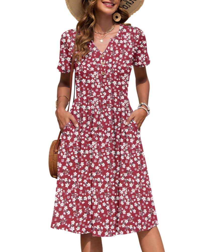 Maëvora Vestido de Mulher Comprido até ao Joelho – Vestido com Decote em V, Cintura Império e Bolsos