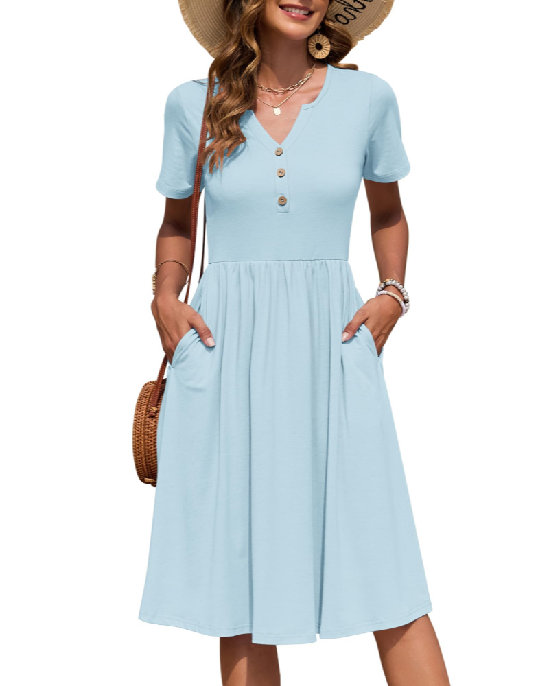 Maëvora Vestido de Mulher Comprido até ao Joelho – Vestido com Decote em V, Cintura Império e Bolsos