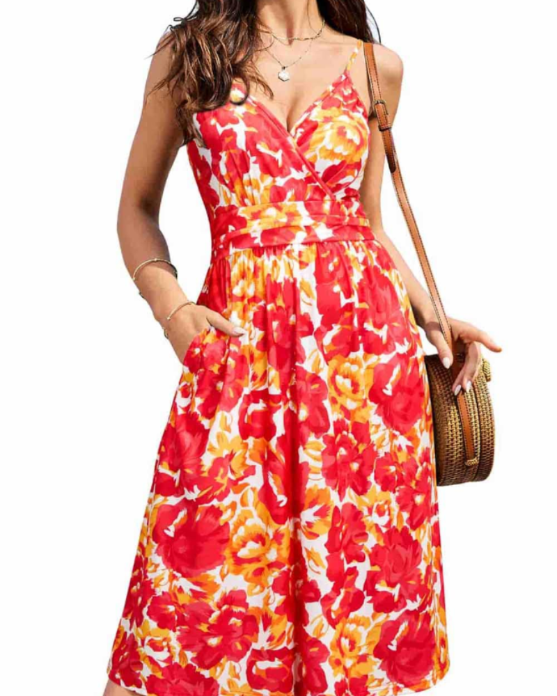 Vestido Midi Verna para Mujer – Vestido Floral con Escote en V, Tirantes Finos, Corte A y Bolsillos