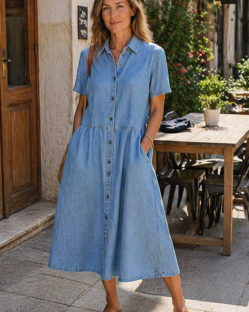 Monette Dámské Šaty – Středně Dlouhé Džínové Šaty s Knoflíky, Košilovým Límcem a Kapsami Casual Chic