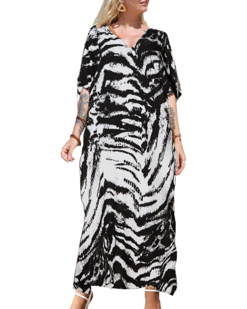 Amelie Dámský Kaftan Šaty – Dlouhý Bohémský Kaftan s Výstřihem do V a Širokými Rukávy, Plážové Pončo, Univerzální Velikost
