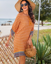 Sukienka Cella Robe Bohème Femme – Sukienka Tunika w Kwiaty z Dekoltem w Serek, Rękawy 3/4 i Luźny Krój