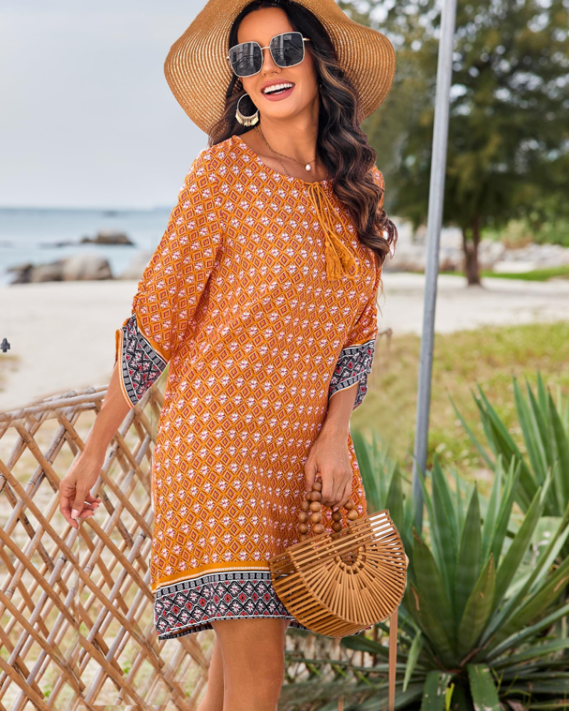 Sukienka Cella Robe Bohème Femme – Sukienka Tunika w Kwiaty z Dekoltem w Serek, Rękawy 3/4 i Luźny Krój
