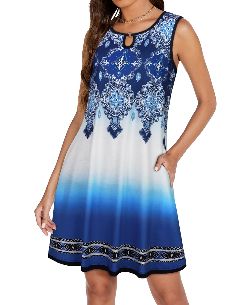 Mia Robe Femme – Robe Mini Col Keyhole Sans Manches Fluide Avec Poches Été Casual