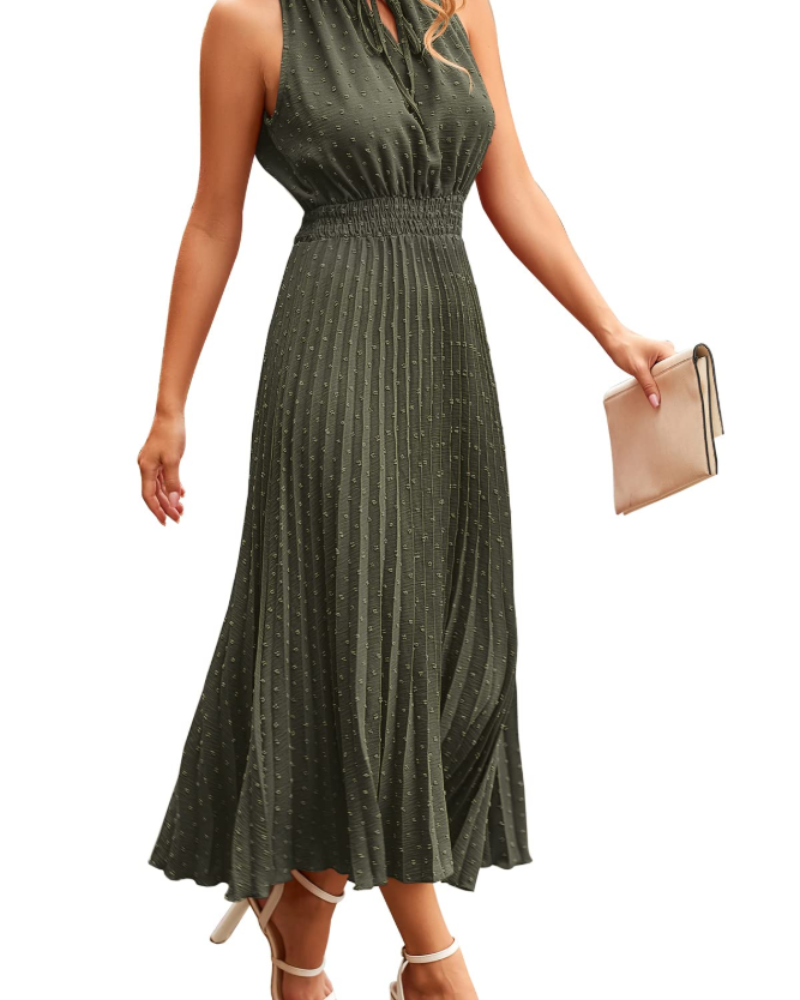 Vina Women's Dress – Midi Dress with V-Neck, Swiss Dot, Ruffles, Sleeveless, High Waist, Summer