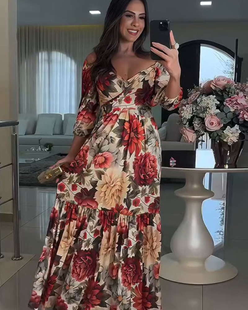 Rosalie Maxi haljina za žene – Cvjetna haljina s golim ramenima, suknja s volanima i romantični stil