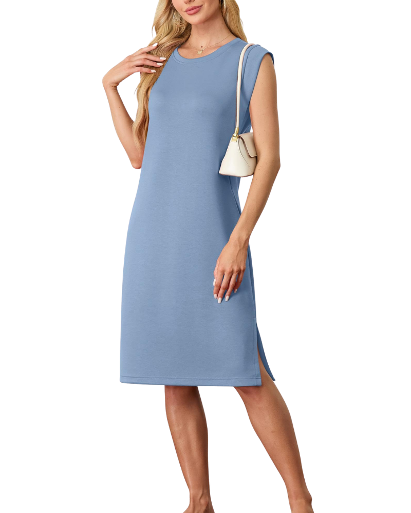 Wensy Women's Dress – Sleeveless Round Neck, Midi Cut with Slit & Elegant Pockets