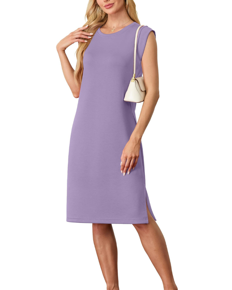 Wensy Women's Dress – Sleeveless Round Neck, Midi Cut with Slit & Elegant Pockets