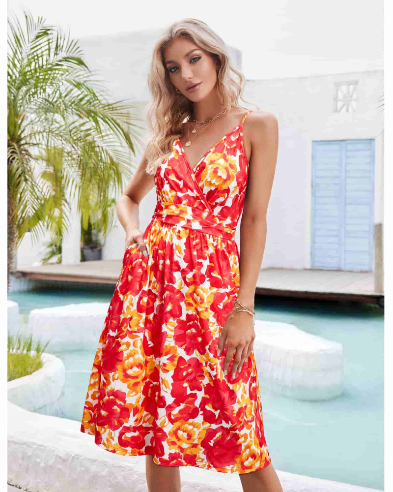 Vestido Midi Verna para Mujer – Vestido Floral con Escote en V, Tirantes Finos, Corte A y Bolsillos