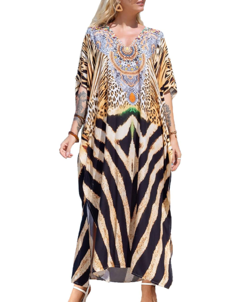Amelie kaftan šaty pre ženy – dlhý bohémsky kaftan s výstrihom do V, široké rukávy, plážové zakrytie, univerzálna veľkosť