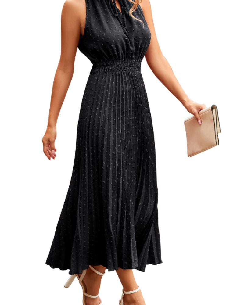 Vina Women's Dress – Midi Dress with V-Neck, Swiss Dot, Ruffles, Sleeveless, High Waist, Summer