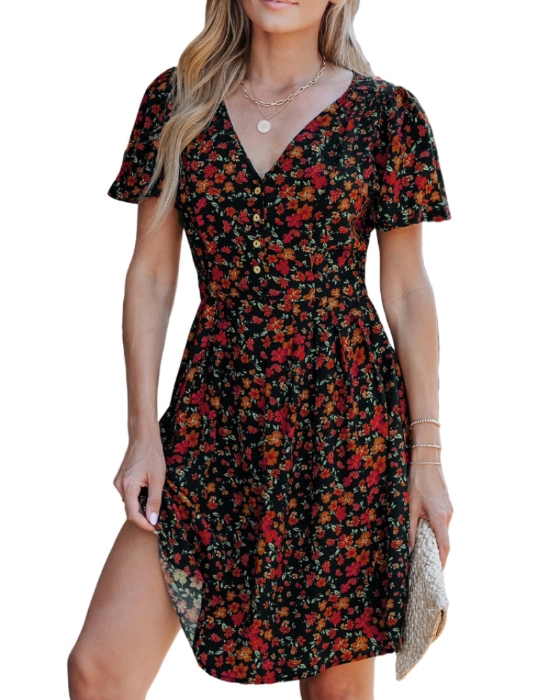 Della Midikleid Damen – geblümtes Kleid mit V-Ausschnitt und Knöpfen, A-Linien-Schnitt & Gürtel