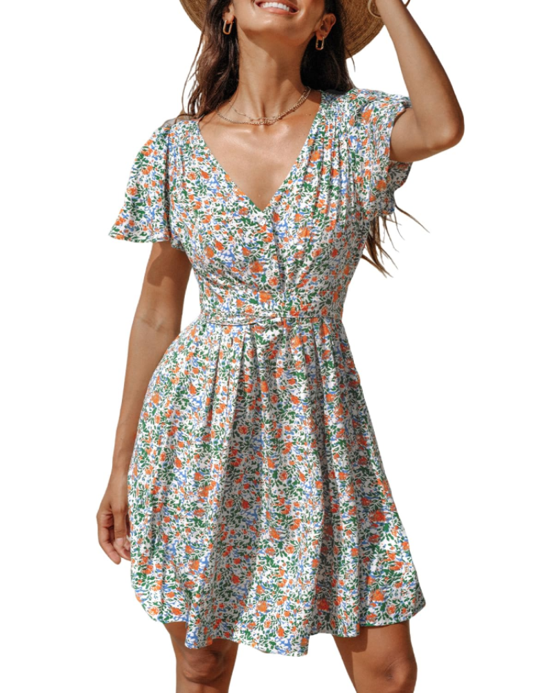 Della Midikleid Damen – geblümtes Kleid mit V-Ausschnitt und Knöpfen, A-Linien-Schnitt & Gürtel