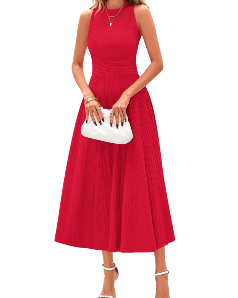 Blare Sukienka Damska – Elegancka Midi Sukienka A-Linia Plisowana Bez Rękawów z Wysokim Stanem do Biura