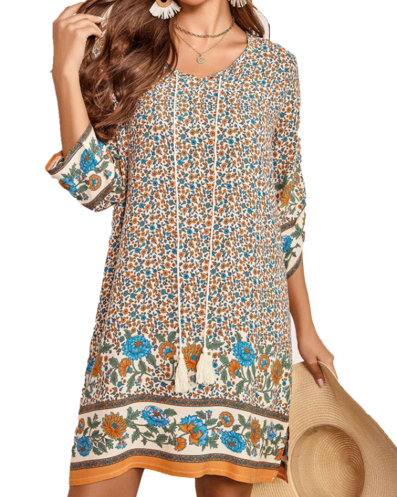 Sukienka Cella Robe Bohème Femme – Sukienka Tunika w Kwiaty z Dekoltem w Serek, Rękawy 3/4 i Luźny Krój