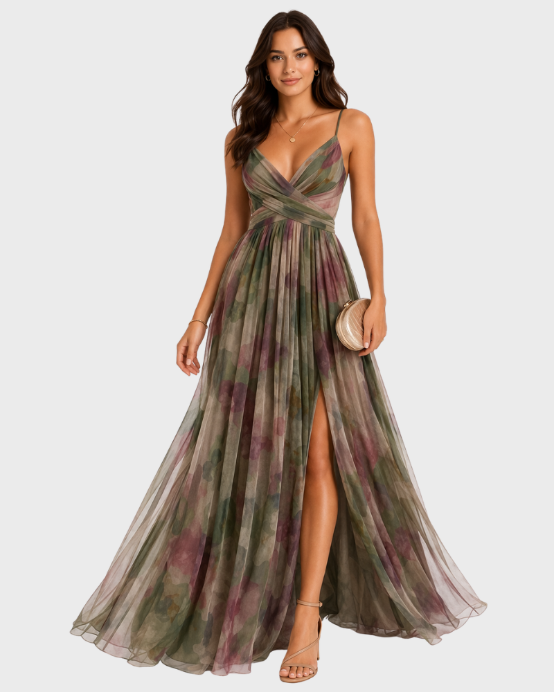 Dámský dlouhý župan Jerline – květinový potisk, tenká ramínka a elegantní volný střih