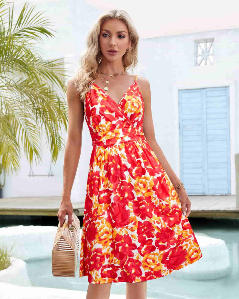 Vestido Midi Verna para Mujer – Vestido Floral con Escote en V, Tirantes Finos, Corte A y Bolsillos