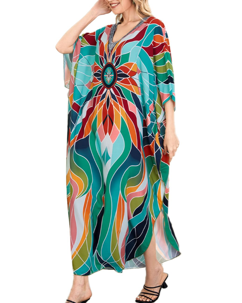 Amelie kaftan šaty pre ženy – dlhý bohémsky kaftan s výstrihom do V, široké rukávy, plážové zakrytie, univerzálna veľkosť