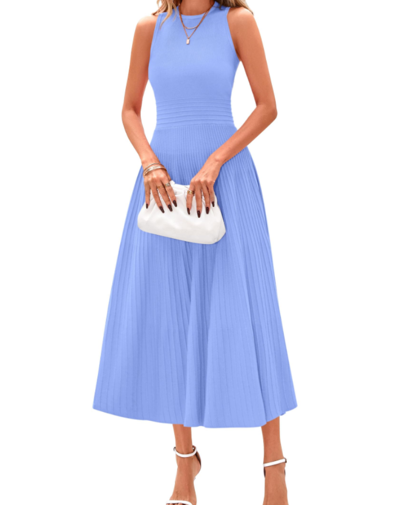 Blare Sukienka Damska – Elegancka Midi Sukienka A-Linia Plisowana Bez Rękawów z Wysokim Stanem do Biura