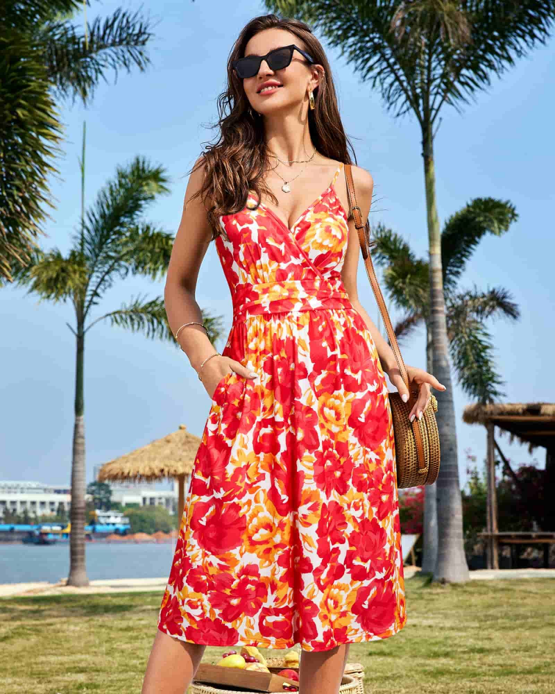 Vestido Midi Verna para Mujer – Vestido Floral con Escote en V, Tirantes Finos, Corte A y Bolsillos