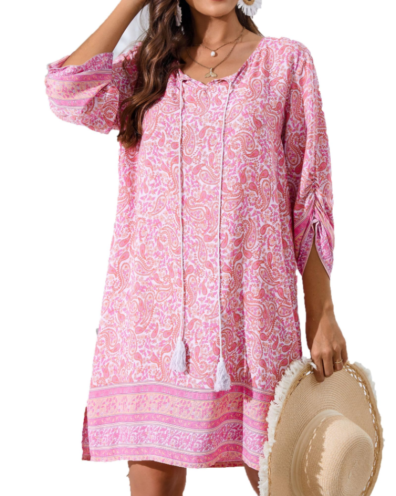 Sukienka Cella Robe Bohème Femme – Sukienka Tunika w Kwiaty z Dekoltem w Serek, Rękawy 3/4 i Luźny Krój