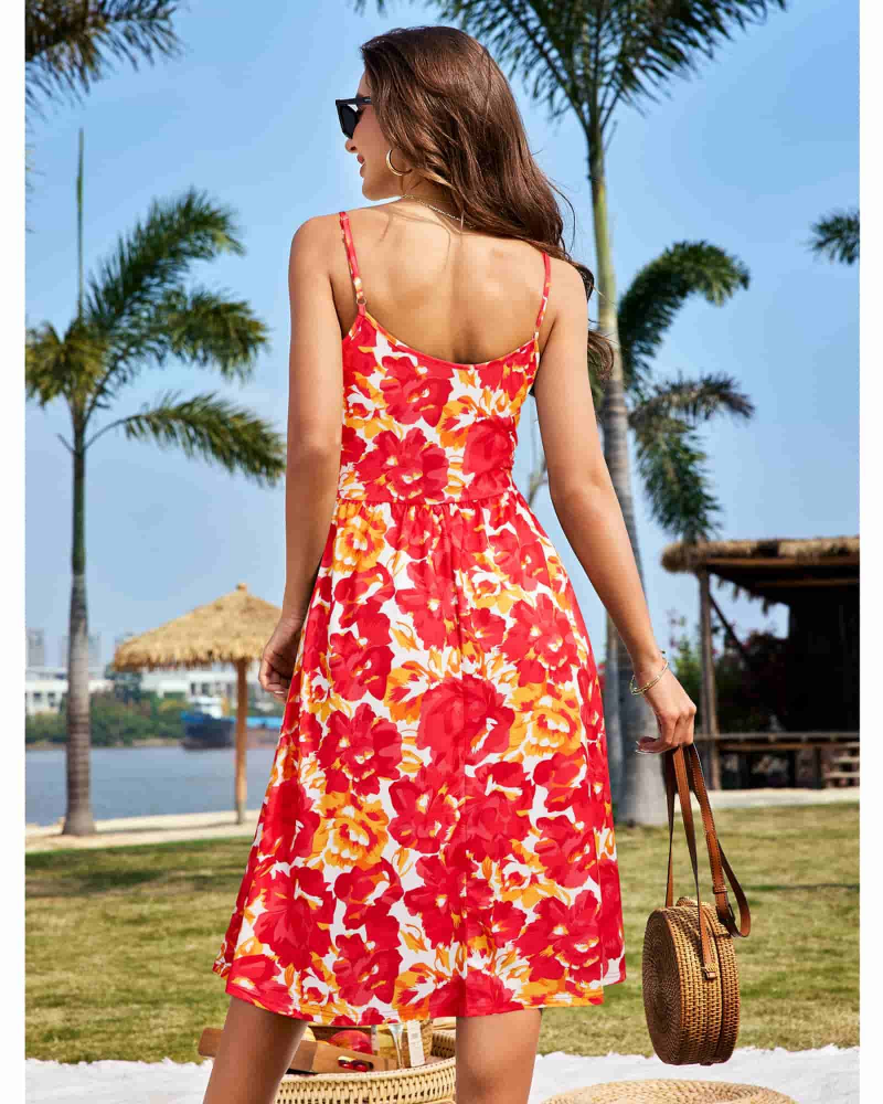 Vestido Midi Verna para Mujer – Vestido Floral con Escote en V, Tirantes Finos, Corte A y Bolsillos