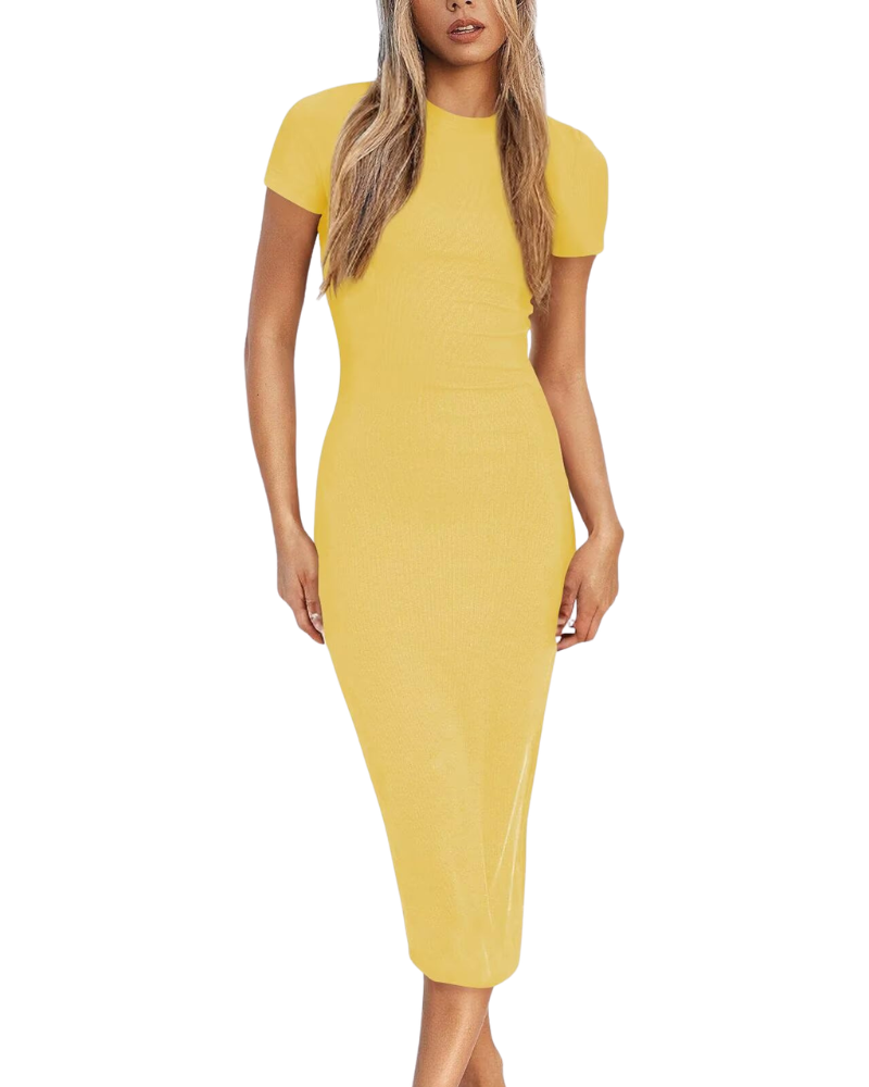 Brena Robe Femme – Bodycon midi s kulatým výstřihem, krátkými rukávy a elegantním přiléhavým střihem