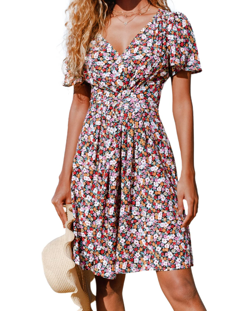 Della Midikleid Damen – geblümtes Kleid mit V-Ausschnitt und Knöpfen, A-Linien-Schnitt & Gürtel